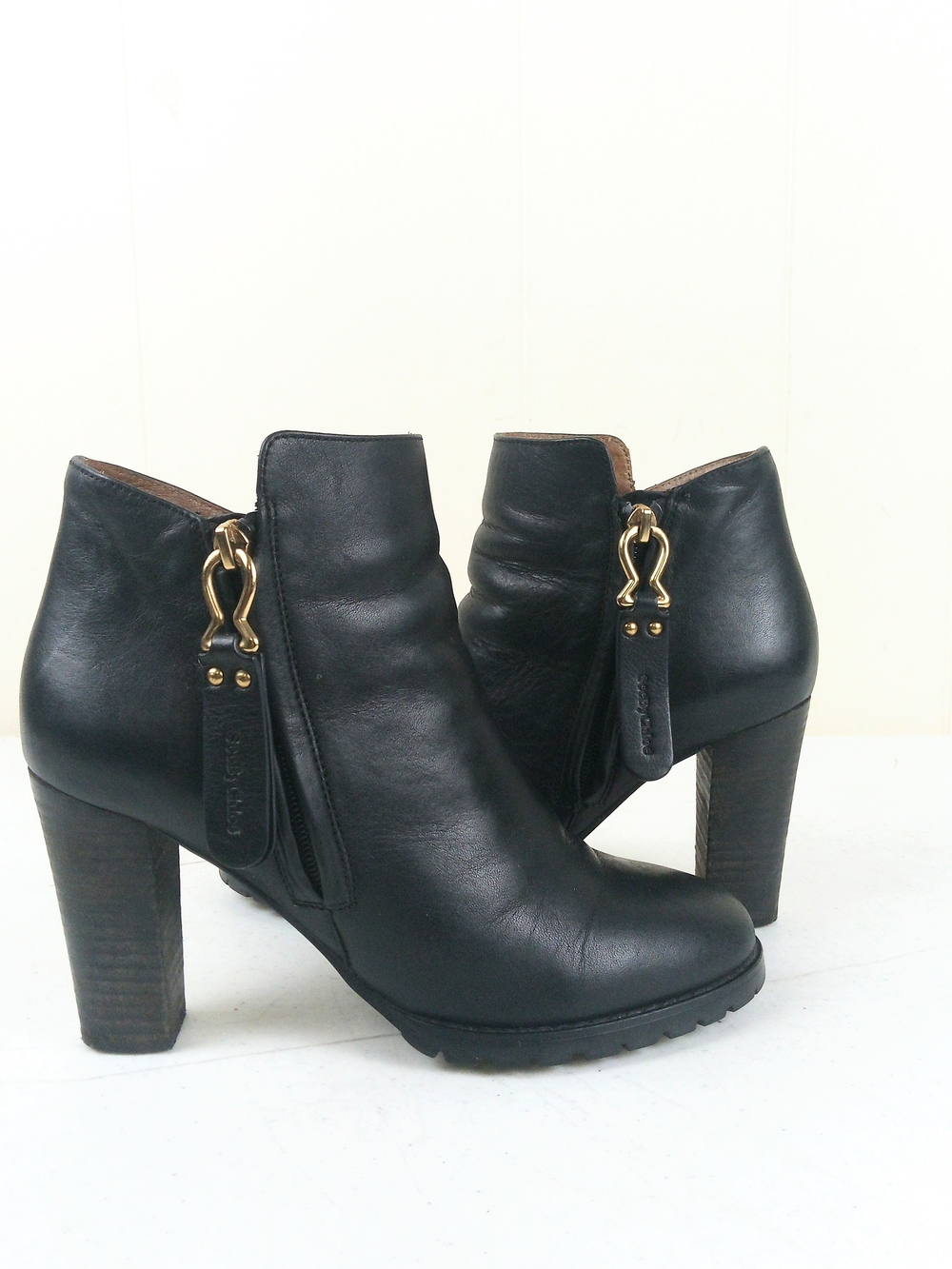 See By Chloe Black Leather Ankle Booties with Gold Hardware Block Heel Side Zip